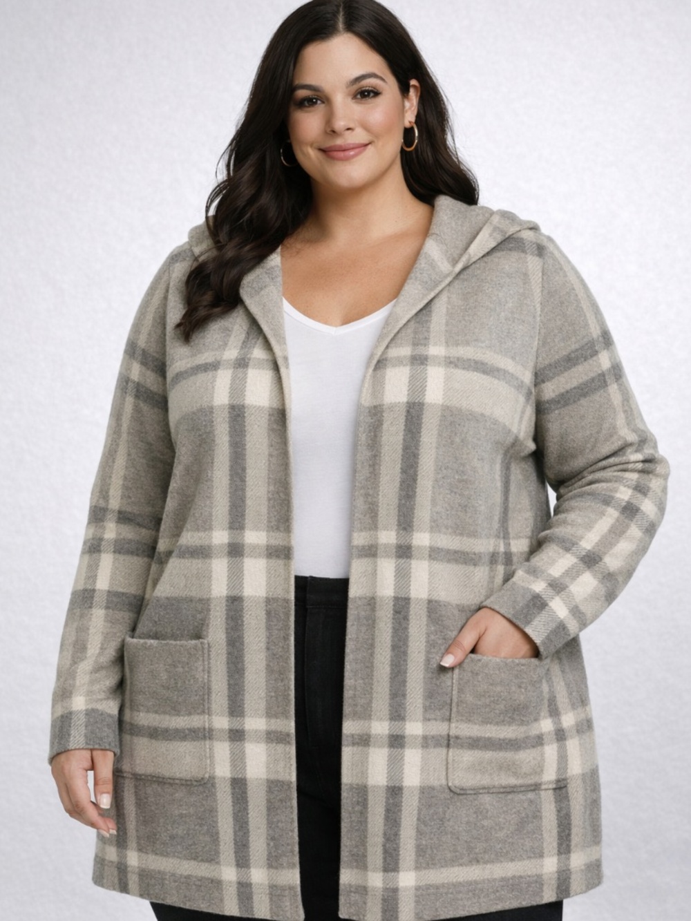 Max Studio 3X Double Knit Grey Plaid Open Front W/ Hood Pockets Long Sweater